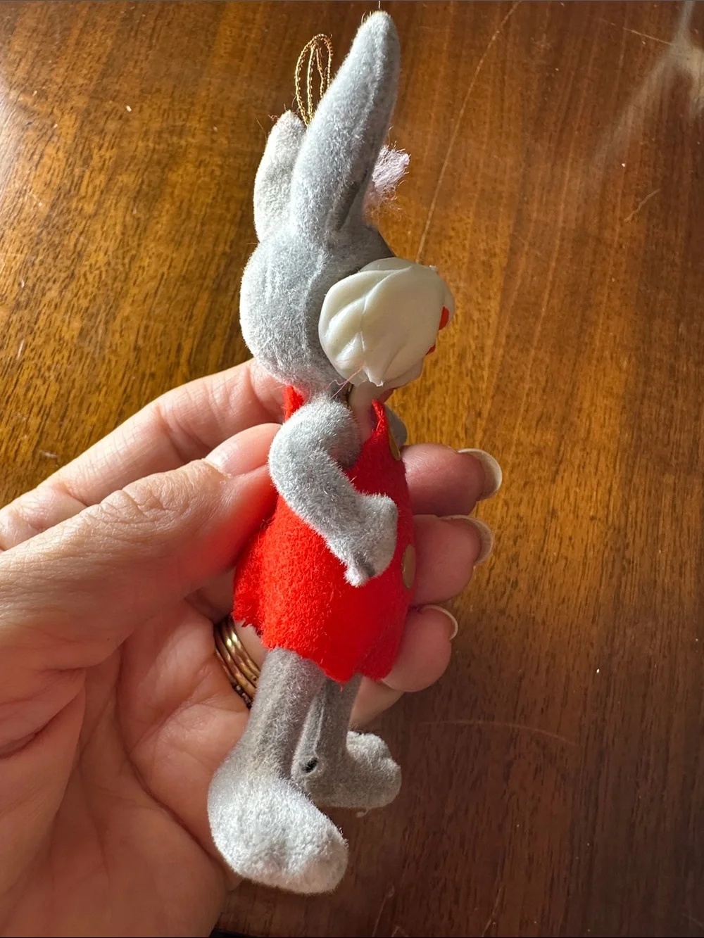Vtg  1977 Warner Bros. Honey Bunny ornament - flocked gray felt body & red dress